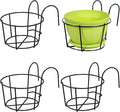 4 Pack Round Hanging Railing Planters - Metal Flower Pot Holder for Balcony and Fence （Black）