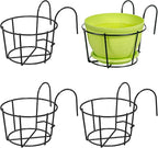 4 Pack Round Hanging Railing Planters - Metal Flower Pot Holder for Balcony and Fence （Black）