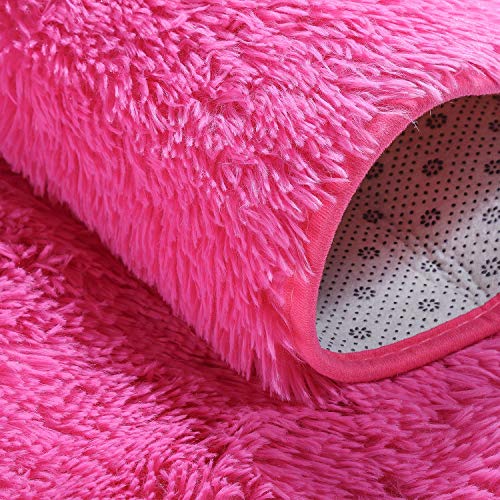 junovo Ultra Soft Washable Shaggy Rug - Non-Slip Oval Carpet for Nursery, Kids Bedroom & Home Decor (2.6x5.3ft Hot-Pink) | Plush Fluffy Floor Mat for Cozy Living Spaces - color: Hot-pink, size: 2.6' x 5.3'