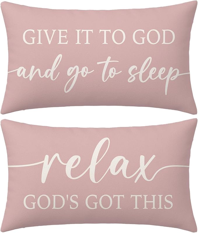 Dusty Rose Pink Throw Pillow Covers 12x20 Inch Set of 2 – Christian Gifts for Mom or Daughter – Relax God’s Got This/Give It to God and Go to Sleep – Bedroom Faith Decor