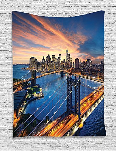 Ambesonne Landscape Tapestry, American City Sunset over Manhattan and Brooklyn Bridge Cityscape Picture Print, Wall Hanging for Bedroom Living Room Dorm Decor, 40" X 60", Blue Orange - color: Blue Orange, size: 60"L x 40"W
