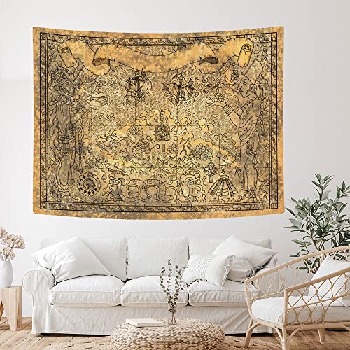Ancient Mayan Civilization Tapestry - Vintage Aztec Map With Gods, Old Ships, Temple, Brown Symbols - Wall Hanging for Bedroom, Living Room, Dorm - Home Decor Mandala - 60X40 - color: Brown