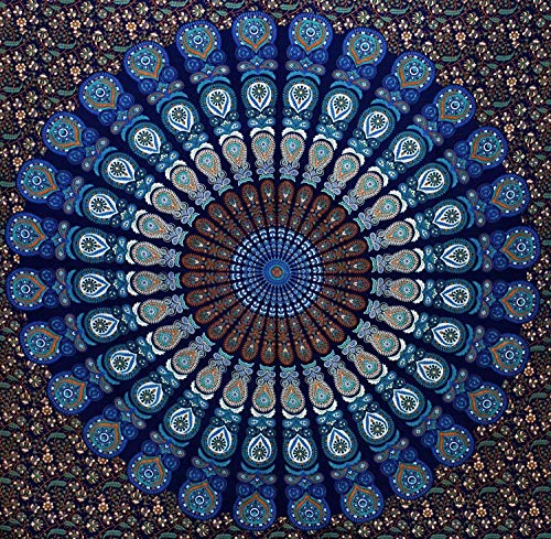 Bless International Handmade Indian hippie Bohemian Psychedelic Peacock Mandala Wall hanging College Dorm Beach Throws Table Cloth Bedding Tapestry (Blue Green, Twin(54x72Inches)(140x185cms)) - color: Blue Green, size: 72"L x 54"W