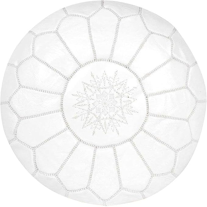 ARTOUARZAZATE Premium Moroccan Leather Pouf Cover - Round & Large Ottoman Footstool Cover with Embroidery - Cover ONLY - Perfect for The Living Room Bedroom, Kids Room, Gift & Wedding (White)