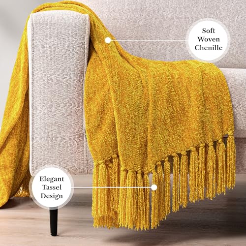 PAVILIA Mustard Yellow Chenille Blanket for Twin Size Bed, Soft Gold Knit Throw with Decorative Tassel Fringe, Blanket for Sofa Couch Living Room Decor Gift, Yellow Twin 60x80 - color: Mustard Yellow, size: 60 X 80 Inches - Twin