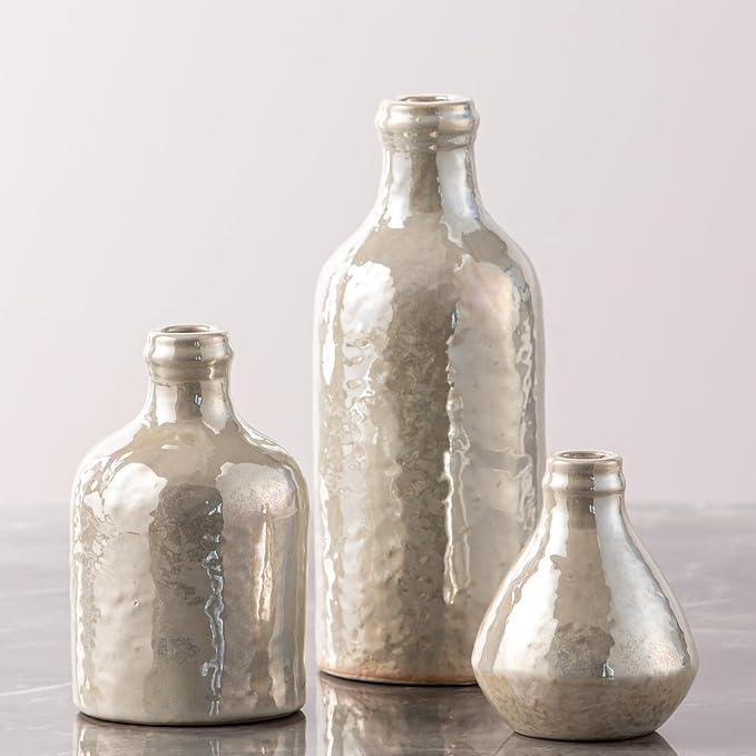 Ceramic Vase Set of 3, Decorative Vases Home Decor Modern Neutral Flower Pampass Boho Vase for Living Room, Table, Mantel, Entryway, Bookshelf, Kitchen, Bedroom, Bathroom - White