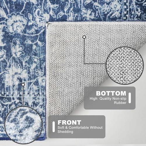 KILOCOCO Small Area Rug 2x3 Entryway Rugs Printed Vintage Floral Machine Washable Rug Non-Slip Kitchen Rug Indoor Door Mat, Accent Throw Rugs for Doorway Hallway Bedroom Entrance, Blue - color: Blue/Navy/White, size: 2' x 3' (Rectangular)