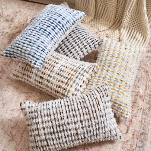 Aeckself Boho Chenille Tufted Pillow Cover 12x20 Inch, Rectangle Decorative Lumbar Throw Pillow Cover Neutral Pillowcase for Couch Bedroom Living Room, Blue White - color: Blue White, size: 20" x 12" (Pack of 1)
