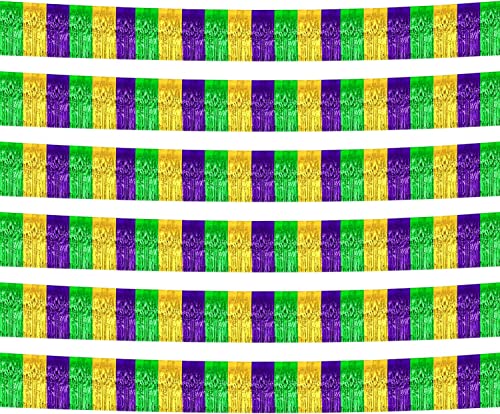 6 Pack 10 Feet Mardi Gras Foil Fringe Garland Metallic Tinsel Streamers Banner Wall Hanging Backdrop Banner for Parade Floats, Valentine's Day, Wedding, Birthday Party Decorations Gold Green Purple - color: Gold Green Purple