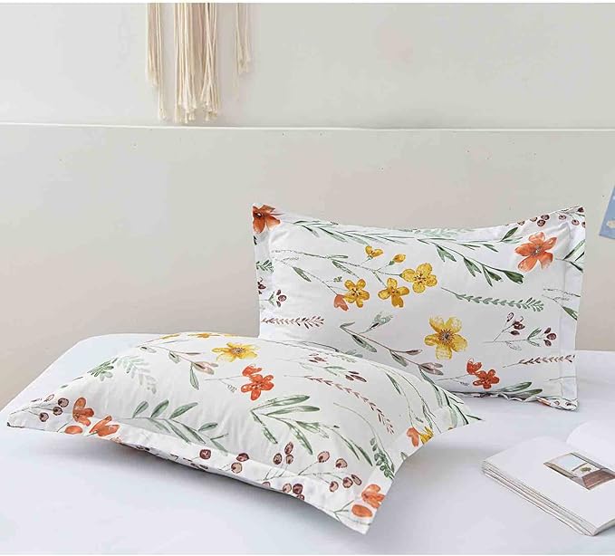 Nanko Floral Pillow Case Set (2 Pack), White Green Yellow Flower Leaf Spring Botanical Pattern Printed Farmhouse Soft Bedroom Decor Pillowcases/Pillow Shams - 20x30 inch Standard Queen Size