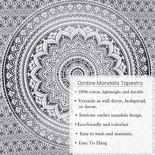 THE ART BOX Grey Black Cotton Tapestry Mandala Wall Hanging – Tapestry for Bedroom – Boho Room Decor – Small Aesthetic Tapestry 30x40 Inches - color: Grey and White, size: 30"L x 40"W