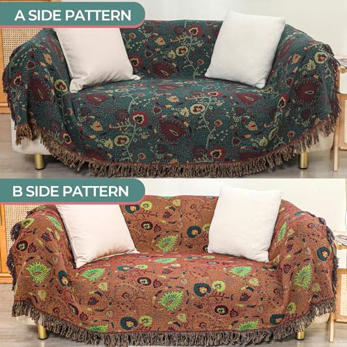 Boho Fall Throw Blanket for Bed,100% Ultra Cotton Soft Breathable Bed Throw Floral Printed Farmhouse Decor Rustic Bed Throws for Couch Sofa Quilt 80" x 90" - color: Green Peacock Tail, size: 80"x90"