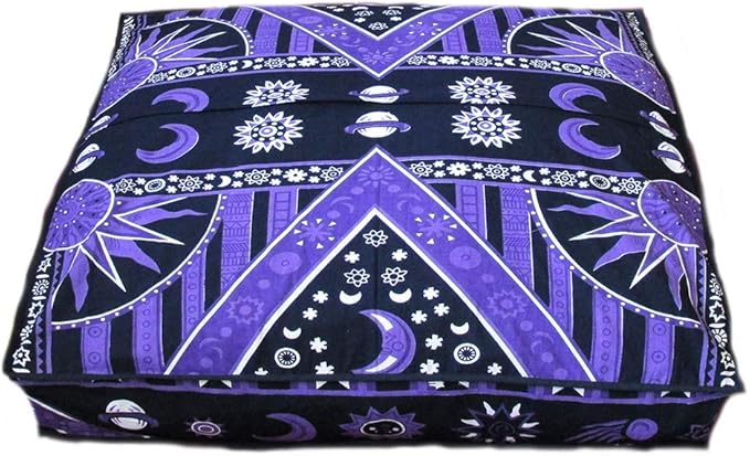CRAFT KALA Mandala Floor Pillow Cushion Cover Seating Throw Cover Hippie Decorative Bohemian Ottoman Poufs Pom Pillow Cases Boho Indian Cotton Living Room Yoga Home Décor 24" Square Purple Burning sun