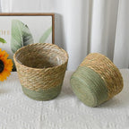 Natural Handwoven Seagrass Planter Basket with Waterproof Liner, Multi-Use Belly Wicker Storage Basket for Plant Pot Cover Indoor Outdoor(Green,6.89''X4.72'')