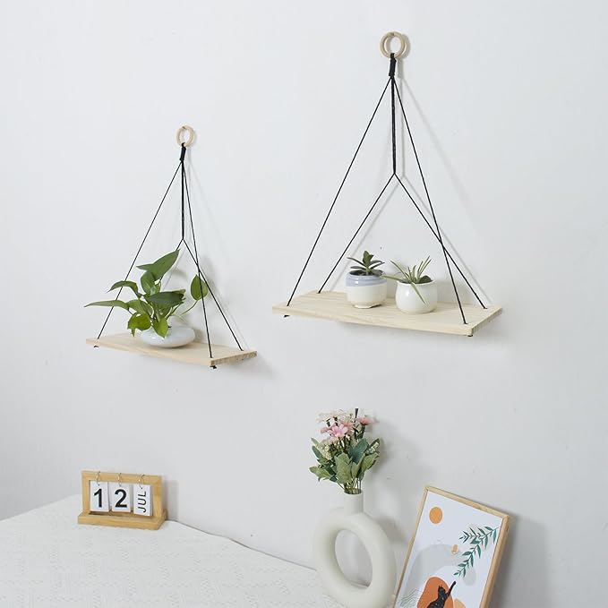 HVEST Macrame Wall Hanging Shelf Set of 2, Black Geometric Macrame Wall Art Wooden Floating Hanging Shelf Black Woven Decor Plant Hanger Handmade Woven Tapestry for Bedroom Living Room Home Decor