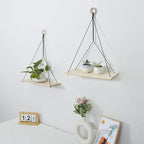 HVEST Macrame Wall Hanging Shelf Set of 2, Black Geometric Macrame Wall Art Wooden Floating Hanging Shelf Black Woven Decor Plant Hanger Handmade Woven Tapestry for Bedroom Living Room Home Decor