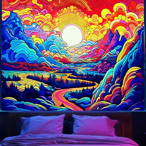 Apdidl Blacklight Posters Sun Mountain Tapestry for Bedroom Aesthetic, Black Light UV Reactive Posters Nature Sunrise Forest Wall Tapestries, Colorful Starry Night Sky Wall Hanging for Living Room 51"x60" - color: Mountain Blacklight Tapestry, size: 60"L