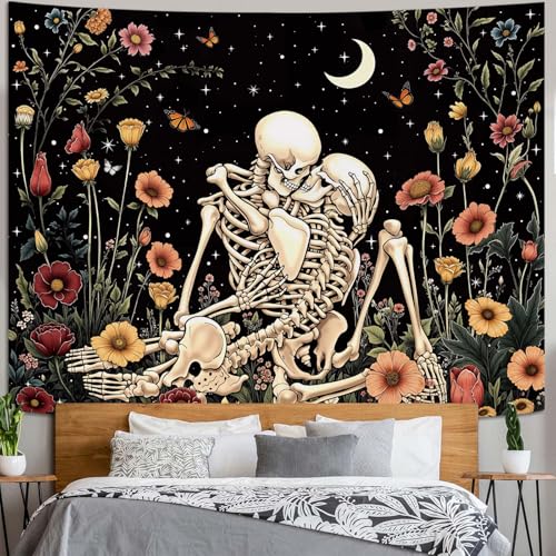 Haibimen Skeleton Tapestry Wall Hanging Dark Romance Moon Stars Butterfly Floral Skull Gothic Tapestries for Bedroom Aesthetic Wallpaper Decor for Living Room, Dorm (Black 1, 60''×44'') - color: Black 1, size: 60''×44''