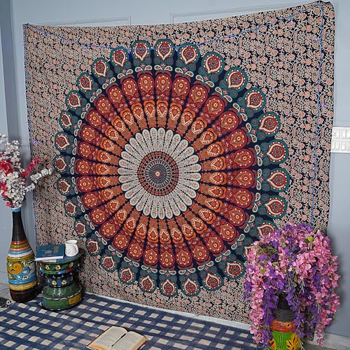 FURNISHFUL FINESSE Handmade Cotton Peacock Mandala Tapestry - Boho Wall Decor, Bohemian Hippie Room Hanging for Bedroom, Dorm & Living Room Aesthetic - 60x50 Inches, (Golden Blue) - color: Golden Blue, size: 60"L x 50"W