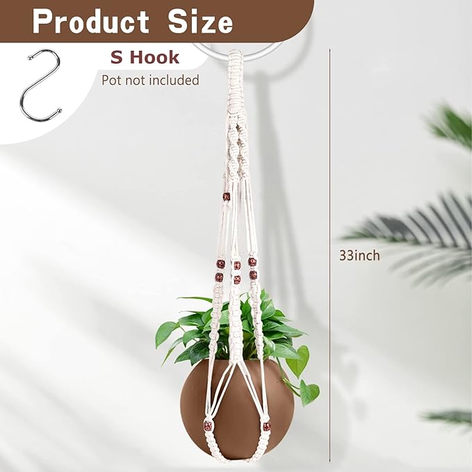 Macrame Plant Hanger with Colored Wood Beads and 4PCS Hooks, Elegant Hanging Plant Holder for Indoor Outdoor Plants, Sturdy Hanging Planters with No Tassel, 33 Inch, Ivory, Set of 2