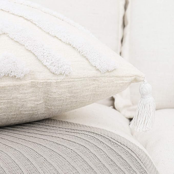 Boho White Throw Pillow Cover 18x18 Inch with Tassels, Geometric Tufted Decorative Cream Chenille Fabric Accent Textured Cushion Case for Bed Couch, 1 PC Cover Only No Insert