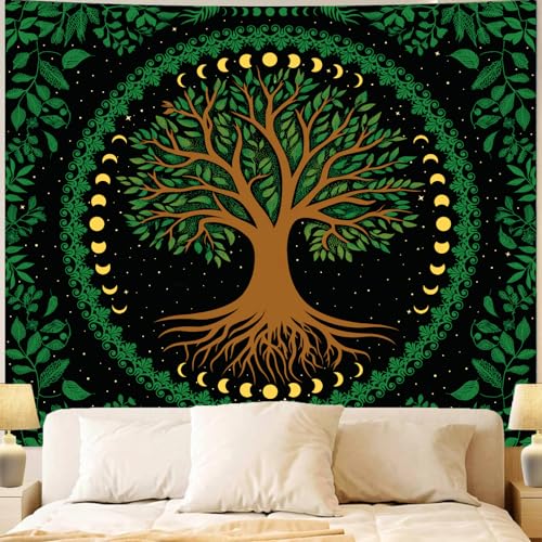 Apdidl Boho Mandala Green Tapestry for Bedroom, Nature Hippie Tree of Life Moon Phase Ceiling Tapestries Aesthetic, Bohemian Sun Stars Plant Decoration Wall Hanging Art Backdrop for Living Room (51"X60") - color: Green Tree Tapestry, size: 60"L x 51"W