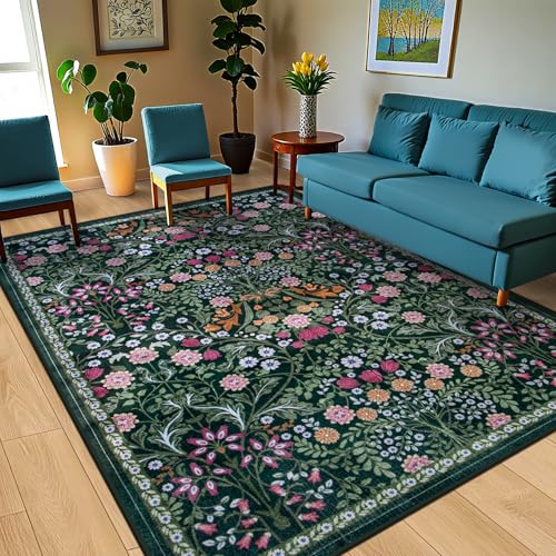 Area Rugs 9x12 Living Room: Floral Washable Rug Vintage Large Soft Boho Non-Slip Carpet Indoor Floor Stain Resistant Low Pile Carpets for Bedroom Dining Room Farmhouse Nursery Home Office Dark Green - color: Dark Green, size: 9' x 12' (Rectangular)