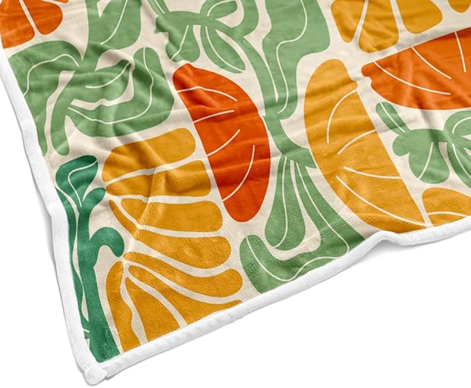 Boho Abstract Colorful Floral Throw Blanket, Vintage Retro Patchwork Orange Green Flower Botanical Geometric Aesthetic Groovy Flannel Throw Blanket for Chair Bed Sofa Couch, 60X70IN