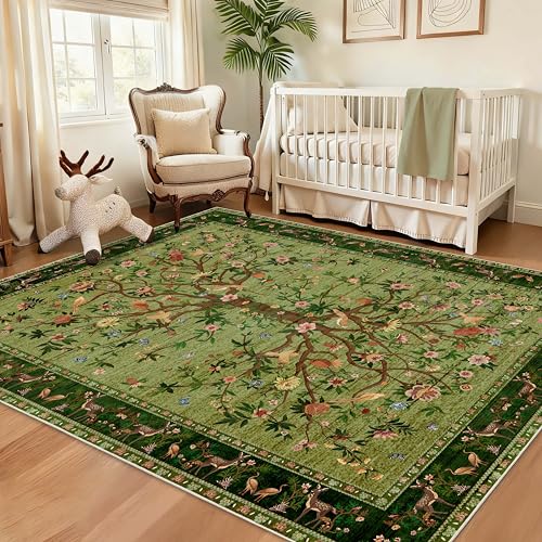 Green Area Rugs 5x7, Machine Washable Non-Slip Rug, Boho Floral Botanical Soft Low Pile Throw Rugs for Living Room, Bedroom, Dining Room, Office - color: Green, size: 7' x 5' (Rectangular)