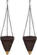 2 Pcs Hanging Plant Flower Basket for Outdoor Spring Decoration, 7.87 Inches Black Iron Chain Wicker Woven Conical Artificial Flower Hanging Basket, Plants Not Included (Coffee)