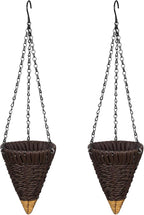 2 Pcs Hanging Plant Flower Basket for Outdoor Spring Decoration, 7.87 Inches Black Iron Chain Wicker Woven Conical Artificial Flower Hanging Basket, Plants Not Included (Coffee)