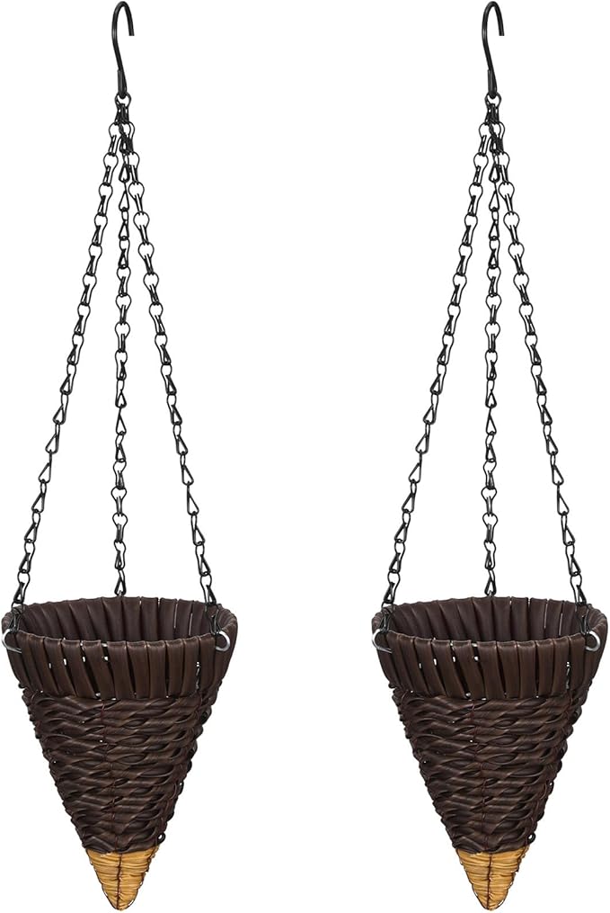 2 Pcs Hanging Plant Flower Basket for Outdoor Spring Decoration, 7.87 Inches Black Iron Chain Wicker Woven Conical Artificial Flower Hanging Basket, Plants Not Included (Coffee)
