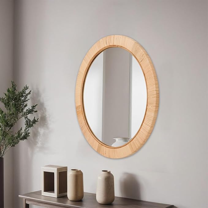 FUIN 20" Boho Round Rattan Mirror – Handwoven Wicker Wall Mirror for Nursery, Farmhouse & Coastal Décor