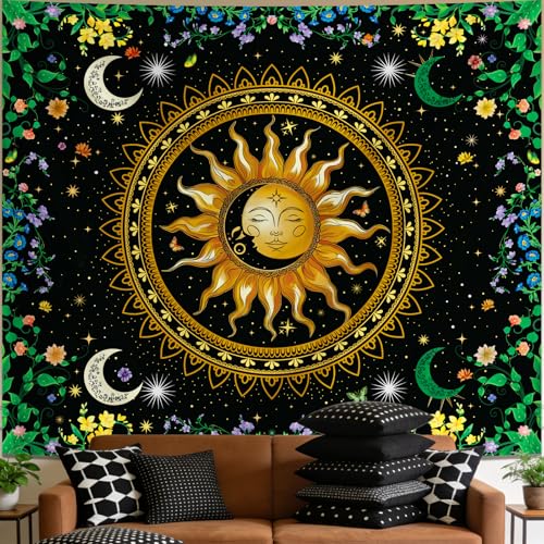 Alened Boho Mandala Nature Tapestries for Bedroom Decor,Sun and Moon Celestial Starry Night Poster,Mandala flowers tapestry wall hanging(51"×60") - color: black Tapestry, size: 60"L x 51"W