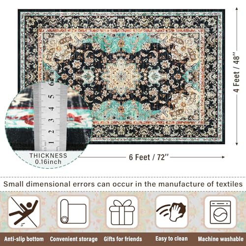 Amearea Vintage Design Black Area Rugs for Living Room, 4x6 Machine Washable Floral Collection Traditional Bedroom Rug, Low Pile Kids Room Carpet, No Slip Office Kitchen Home Decor, Black and Green - color: Black/Green, size: 4' X 6' (Rectangular)