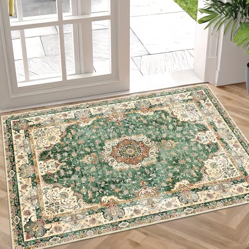 Small Rugs 2'x3',Green Rug for Entryway Bathroom Kitchen Entrance Doormat,Boho Vintage Bohemian Distressed Washable Accent Indoor Mat Floor Throw Carpet Non Slip,Retro Sage Floral - color: Green, size: 2'x3'