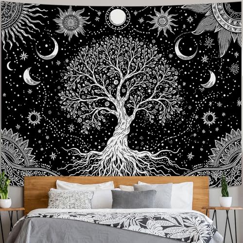 Spenlife Spiritual Tree of Life Tapestry, Black and White Tapestries for Bedroom, Gothic Wall Decor, Celestial Tapestries (60" x 44") - color: Black White, size: 60"L x 44"W