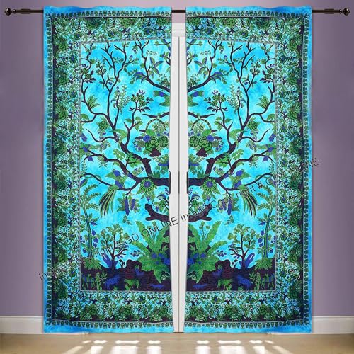 Indian Mandala Window Door Curtain Decor Room Wall Drapes Panel Sheer Tourquoise Tree of Life Mandala Bohemian Curtain Set Cotton Window Treatment Door Hanging - color: Turquoise & Green, size: 52"W x 82"L (Pack of 1)