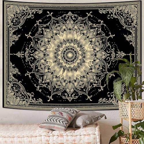 Wegklazax Golden Outline Mandala Tapestry, Intricate Floral Wall Art for Room Decor, Elegant Black and Gold Aesthetic Home Decor 80" L x 60" W - color: Red, size: 80"L x 60"W