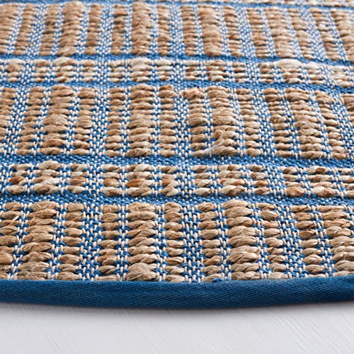 SAFAVIEH Natural Fiber Collection 7' Round Blue/Natural NFB656M Handmade Boho Stripe Farmhouse Rustic Jute & Cotton Jute Area Rug - color: Blue/Natural, size: 7' (Round)