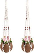 Macrame Plant Hanger with Colored Wood Beads and 4PCS Hooks, Elegant Hanging Plant Holder for Indoor Outdoor Plants, Sturdy Hanging Planters with No Tassel, 33 Inch, Ivory, Set of 2