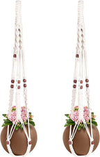 Macrame Plant Hanger with Colored Wood Beads and 4PCS Hooks, Elegant Hanging Plant Holder for Indoor Outdoor Plants, Sturdy Hanging Planters with No Tassel, 33 Inch, Ivory, Set of 2