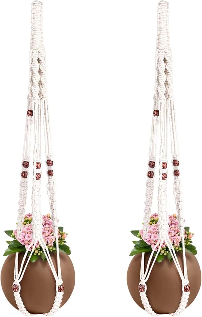 Macrame Plant Hanger with Colored Wood Beads and 4PCS Hooks, Elegant Hanging Plant Holder for Indoor Outdoor Plants, Sturdy Hanging Planters with No Tassel, 33 Inch, Ivory, Set of 2