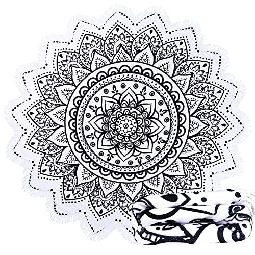 Large Microfiber Boho Mandala Beach Towel Round Bohemian Beach Blanket Hippie Indian Throw Blanket Beach Tapestry Sand Free Quick Dry Picnic Meditation Mat Wall Decor Circle Tablecloth,59'',Black - color: Black Mandala