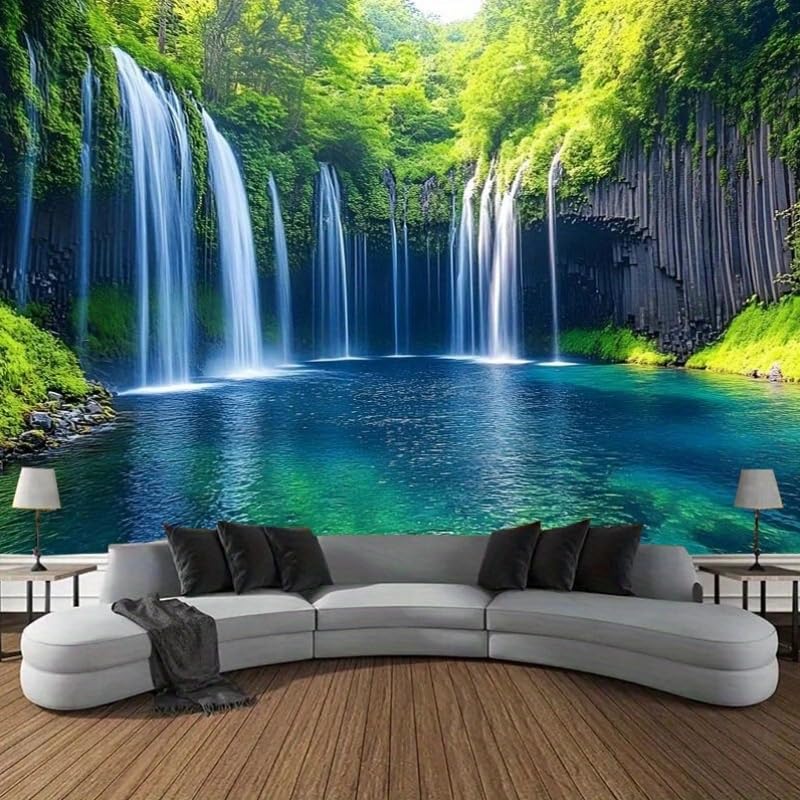 FENDROM Nature Waterfall Tapestry, Majestic Waterfall Landscape Through a Window Imaginary Secret Paradise Print, Wide Wall Hanging for Bedroom Living Room Dorm - color: Lake, size: 79"L x 59"W
