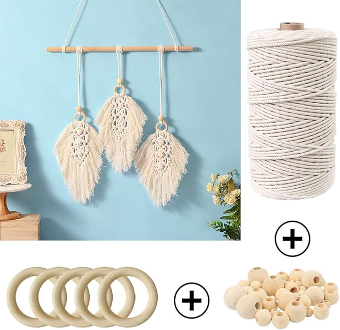169pcs Macrame Kits for Beginners 3mm x 220yards Natural Cotton Macrame Cord Wall Hanging Kit, Best Macrame Supplies for Macrame Plant Hanger with Wooden Beads,Wooden Rings,Wooden Sticks,S Hooks