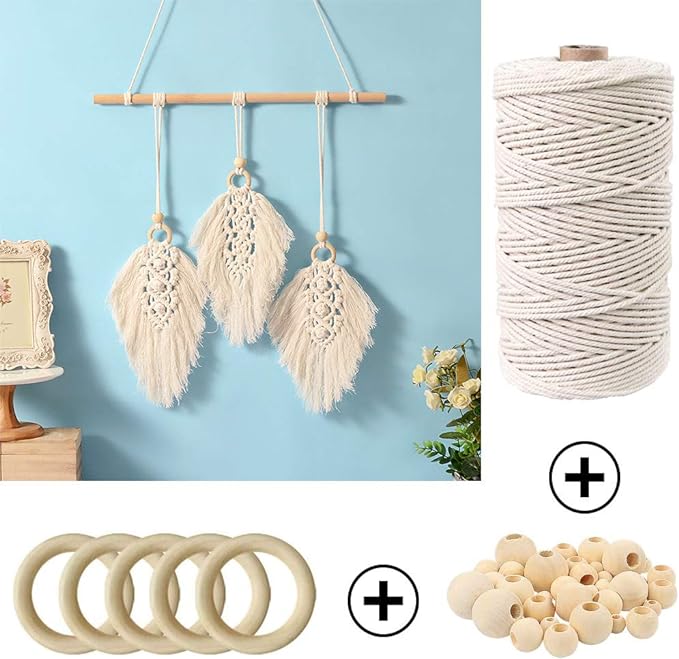 120pcs Macrame Kits for Beginners 3mm x 220yards Natural Cotton Macrame Cord Wall Hanging Kit, Best Macrame Supplies for Macrame Plant Hanger with Wooden Beads,Wooden Rings,Wooden Sticks,S Hooks