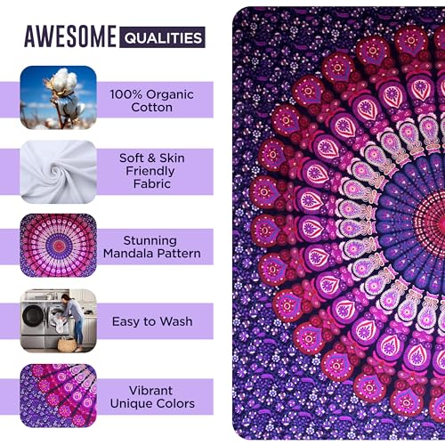 raajsee Indian Cotton Purple Tapestry Mandala Wall Hangings, Hippie Tapestries,Boho Throw Bohemian Bedding, Beach Blanket, Yoga Meditation Rugs Queen Bedspread Queen (82x92 Inches / 210x232 Cms) - color: Purple, size: 92"L x 82"W