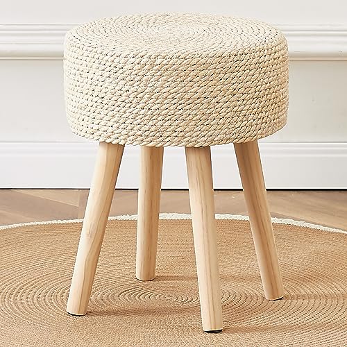 Cpintltr Footstool Ottoman Round Natural Seagrass Foot Stool Pouf Ottomans with Solid Wood Legs Hand Weave Footrest Step Stool for Living Room Bedroom Balcony Garden Natural - color: Natural