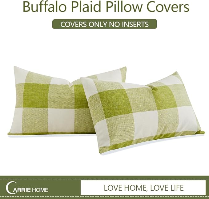CARRIE HOME Spring Green Outdoor Lumbar Pillows 12 x 20 Set of 2, Spring Porch Decor Green Plaid Pillow Covers 12x20, Sage Gingham Pillow Covers for Patio Furniture (No Pillow Inserts)